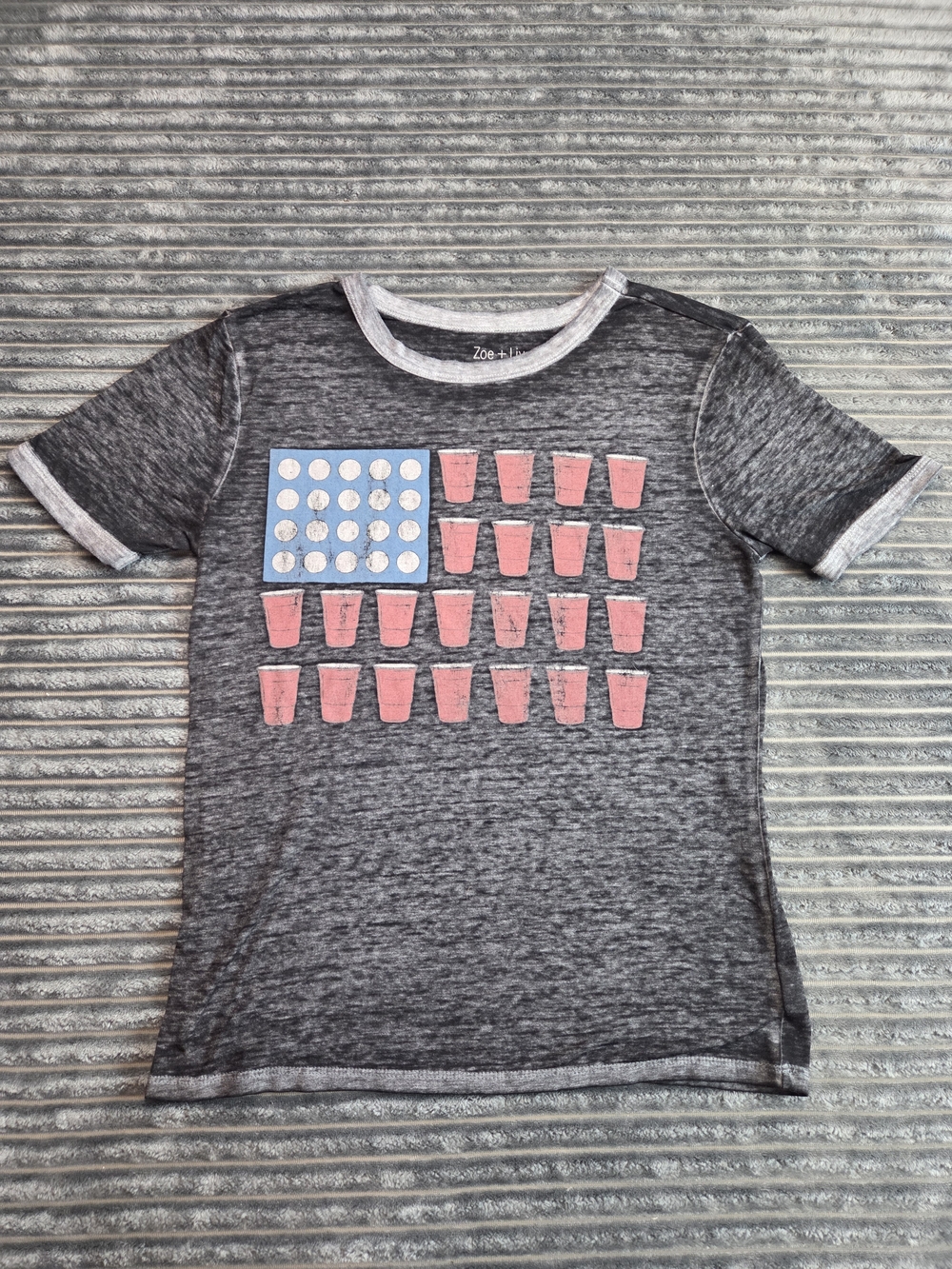 Zoe + Liv Gray Short Sleeve Tee with Blue and Pink Cup Flag Graphic
